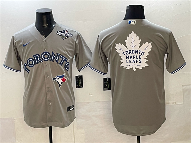 Men's Toronto Blue Jays & Leafs Grey 2025 World Series With White Leafs Logo Cool Base Stitched Baseball Jersey